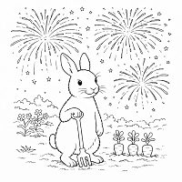 Little Rabbit Happy New Year 
        Fireworks Line Drawing